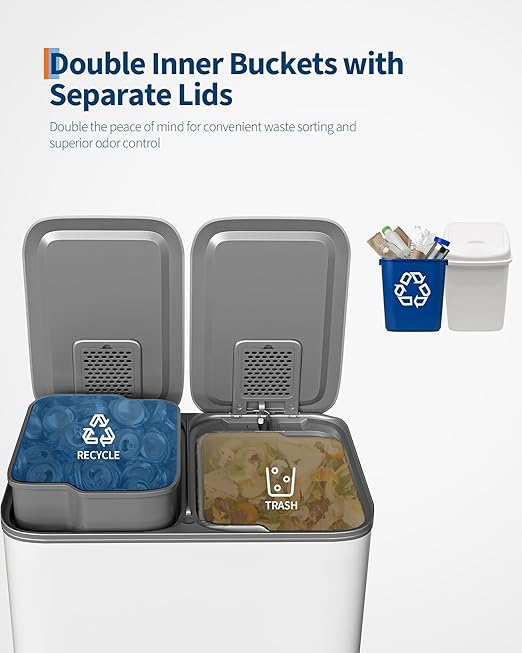 GarveeHome 2 x 4 gal Stainless Steel Double Trash Can with Lid for Kitchen, Large Dual Trash and Recycle Bin Combo, Step-on Kitchen Metal Garbage Cans, PP Inner Buckets, Liner Rim, White - Image 3