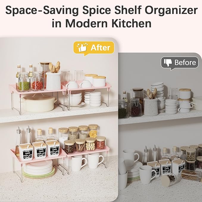 STARLATTA 2 Pcs Cabinet Organizer Shelf，Stackable Kitchen Counter Shelves, Spice Rack,Countertop Organizers，Pink Plastic Storage Shelves Rack for Makeup，Bathroom, Cupboard，Desk，Pantry Organization - Image 4