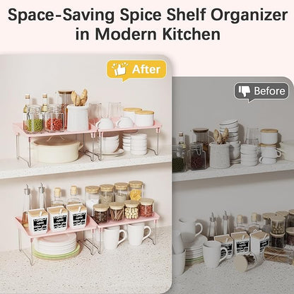 STARLATTA 2 Pcs Cabinet Organizer Shelf，Stackable Kitchen Counter Shelves, Spice Rack,Countertop Organizers，Pink Plastic Storage Shelves Rack for Makeup，Bathroom, Cupboard，Desk，Pantry Organization - Image 4