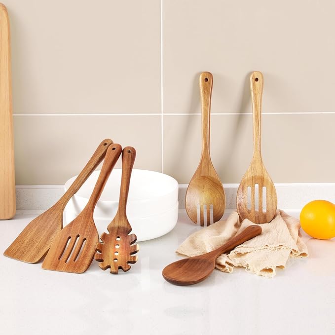 Wooden Cooking Utensils, 6 Pieces Natural Acacia Wooden Spoons For Cooking with Non Stick & Heat Resistant Design, Wooden Kitchen Utensil Set with Hanging Hole for Stirring, Mixing, Cooking - Image 9