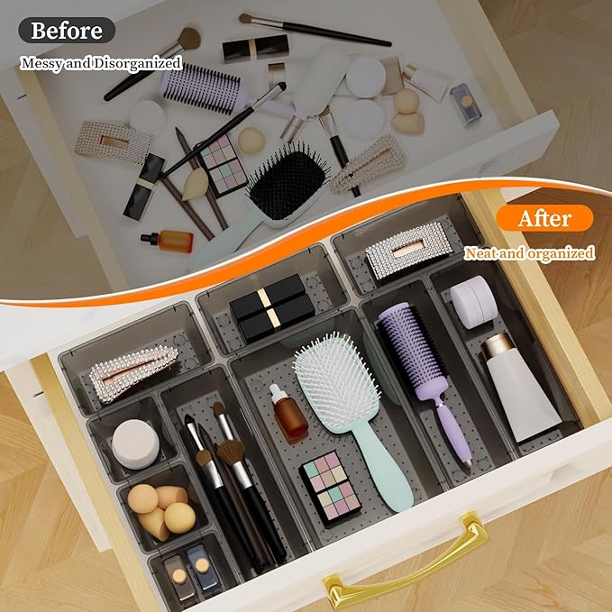 StorMiracle 32 PCS Clear Plastic Drawer Organizer Set, 4-Size vanity organizer Trays and Storage Bins for Makeup, Jewelry and Gadgets in Bedroom, Bathroom and Office, Clear Black - Image 5