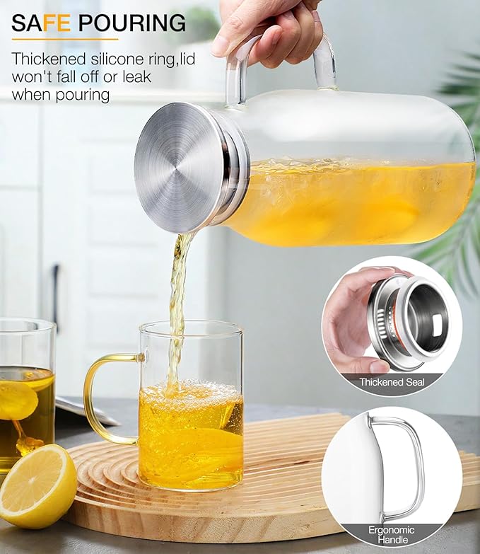 Glass Pitcher with Lid, 2 Liter 68oz Water Pitcher with Handle for Fridge, Large Drink Jug for Iced Tea, Coffee, Juice, Borosilicate Glass Carafe for Hot/Cold Brew Beverage, Heat Resistant - Image 5