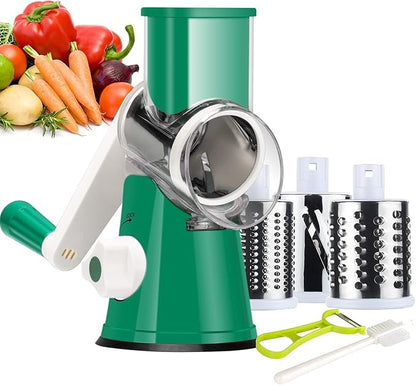 Ourokhome Rotary Cheese Grater Hand Crank, Kitchen Shredder Speed Mandolin Slicer Nut Grinder with Handle and Drum Blades for Cheese, Vegetable, Walnut, Chocolate, Potato, Carrot, 3 Blades, Emerald by Ourokhome