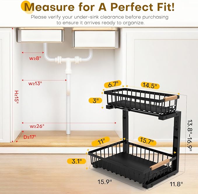 Under Sink Organizer, Heavy-Duty & Rust-Resistant Carbon Steel Metal, 2 Tier Pull Out Under Bathroom Sink Storage, Adjustable Height (13.8" -16.9"), Organizer for Kitchen Cabinet(2PCS,Black) - Image 2