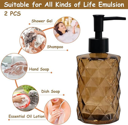 Brown Glass Soap Dispenser with Black Plastic Pump, 12oz Refillable Liquid Hand Soap Dispenser, 2 Pack Crystal Lotion Bottle for Modern Home Decor, Bathroom, Kitchen Countertop, Hotel