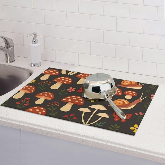 Mushroom Snail Dish Drying Mats for Kitchen Counter, Large 18"x24" Dish Mats for Drying Dishes, Microfiber Absorbent Dish Drying Pad Rack Mat Kitchen Decor Reusable Washable