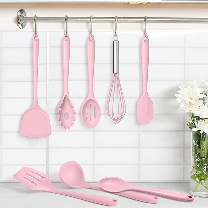TeamFar 8 PCS Silicone Cooking Utensils - 446°F Heat Resistant Kitchen Silicon Utensils Set, Turner, Spatula, Spoon, Whisk, Kitchen Cooking Gadgets Tools for Nonstick Cookware, Dishwasher Safe-Pink - Image 7