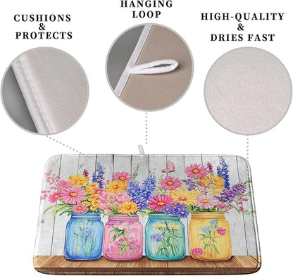 Daisy Dish Drying Mat for Kitchen Counter Spring Summer Flowers Vases Dishes Pad Microfiber Absorbent Dish Draining Mats Rustic Farmhouse Floral Wooden Board Dish Drainer Rack Mat 16x18 Inch - Image 3