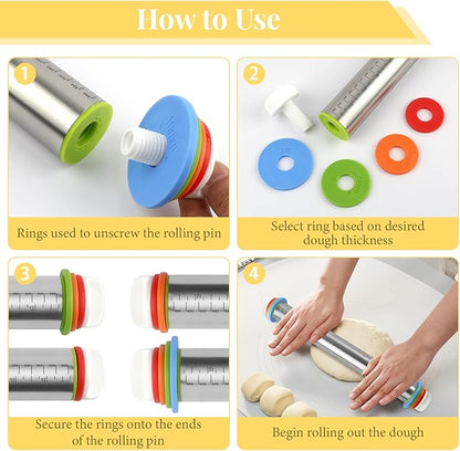 Adjustable Rolling Pin with 4 Thickness Rings for Baking, 17” Stainless Steel Dough Roller with Clear Measurement Markings for Pizza, Fondant, Pie, Cookies, Baking Supplies, Pastry, Pasta - Image 4