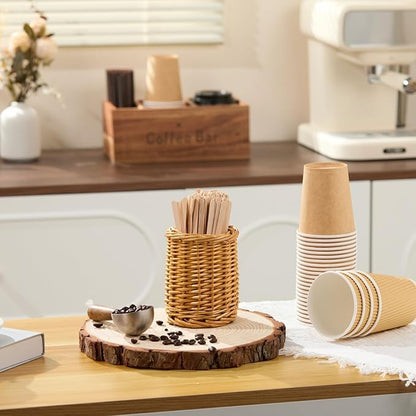 Wood Rattan Coffee Stirrer Holder Set with 100 Disposable Stir Sticks, Wooden Bar Accessories for Milk Cocktail Tea Drinks Straws, Organizer for Station Countertop - Image 5
