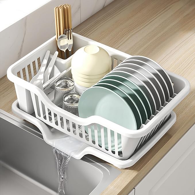 Noamus 2-Piece Plastic Dish Drying Rack, Heavy Duty Sink Set Dish Rack, White Large Drainer with Attached Drainboard Utensil Cup Holders for Home Kitchen Counter Top Organizers by Noamus