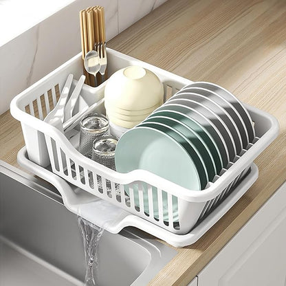 Noamus 2-Piece Plastic Dish Drying Rack, Heavy Duty Sink Set Dish Rack, White Large Drainer with Attached Drainboard Utensil Cup Holders for Home Kitchen Counter Top Organizers by Noamus