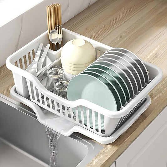 Noamus 2-Piece Plastic Dish Drying Rack, Heavy Duty Sink Set Dish Rack, White Large Drainer with Attached Drainboard Utensil Cup Holders for Home Kitchen Counter Top Organizers by Noamus