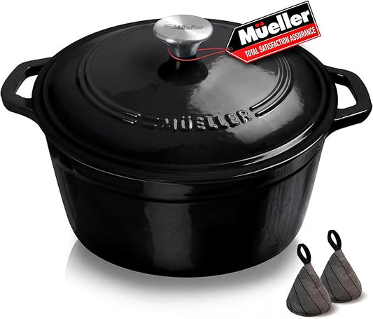 MUELLER HOME 6 Quart Enameled Cast Iron Pot Dutch Oven, Heavy-Duty Oven-Safe up to 500° F, & Across All Cooktops, Casserole Dishes for Ovens, Bread Pan with Lid and Knob, Cast Iron Cookware, Black by MUELLERHOME