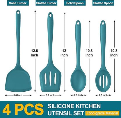 P&P CHEF Kitchen Utensil Set, 4 Pieces Non-stick Silicone Cooking Utensils, Heat-resistant Slotted Solid Spoon Turner for Frying, Mixing, Serving, Non-toxic & Easy to Clean, Blue - Image 2