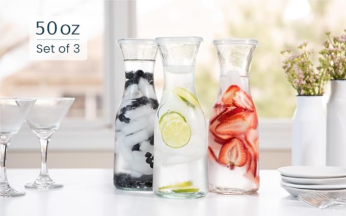 Glass Carafe Pitchers, by Kook, Large Carafe - set of 3, Beverage Dispensers, Clear Jugs For Mimosas, Water, Wine, Milk and Juice, with Plastic Lids, 50 oz Dishwasher Safe - Image 5