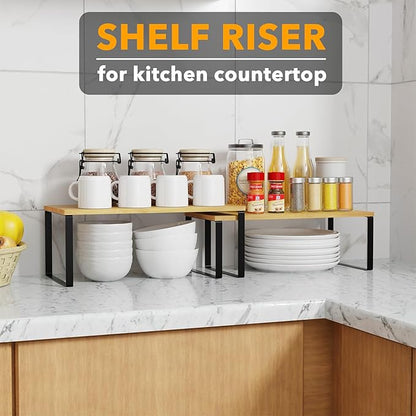 SpaceAid Cabinet Shelf Organizers 8 Pack, Kitchen Counter Rack Shelves Riser, Stackable Expandable Spice Rack, Pantry Cupboard Storage Organization (Black and Natural, Long) - Image 4