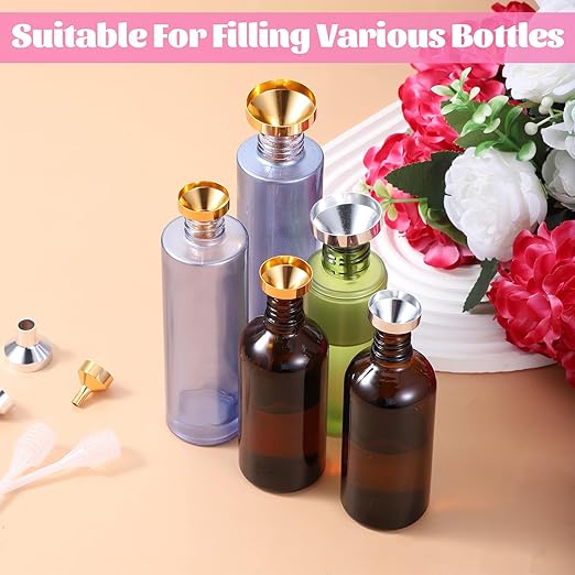 8 Pcs Small Metal Funnels 4 Sizes Gold Silver Mini Funnel with 2 Mini Pipette for Filling Perfume, Essential Oil Bottles
