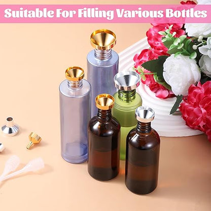 8 Pcs Small Metal Funnels 4 Sizes Gold Silver Mini Funnel with 2 Mini Pipette for Filling Perfume, Essential Oil Bottles