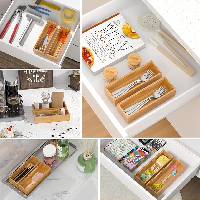 VeyFey Silverware Tray for Drawer, Stackable Kitchen Bamboo Drawer Organizer 9" x 3" x 2" Set of 2 - Image 6