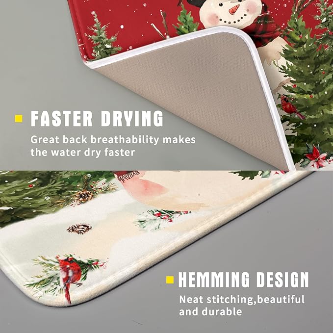 Christmas Snowman Dish Drying Mat for Kitchen Counter 16x18 Inch Watercolor Xmas Tree Bird Print Absorbent Reversible Microfiber Drying Mats Kitchen Countertop Protector Dishes Drainer Rack Pad - Image 3