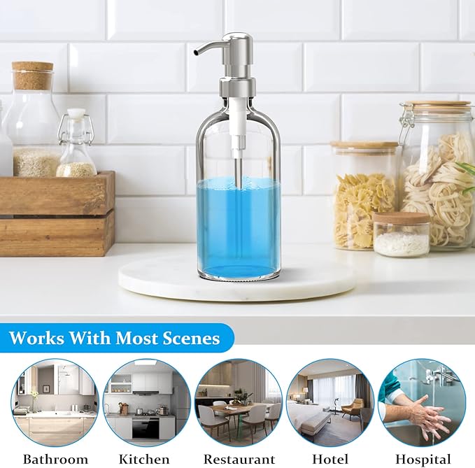 ARKTEK Glass Soap Dispenser - Clear Dish Soap Dispenser for Kitchen, Refillable Liquid Hand SoapDispenser with Rust Proof Stainless Steel Pump for Bathroom, Countertop (17 Ounce/ 500 ML) - Image 6