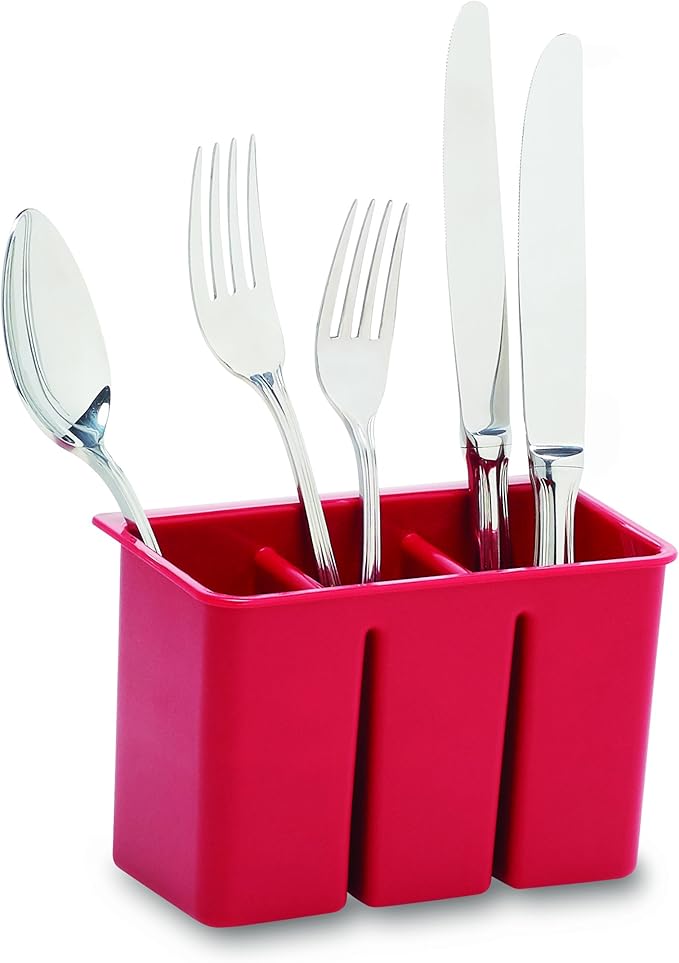 Farberware Classic Large Rust Resistant Full Dishrack with Removable 3 Compartment Flatware Caddy, Andlged Drain Board, 3-Piece, Red - Image 5