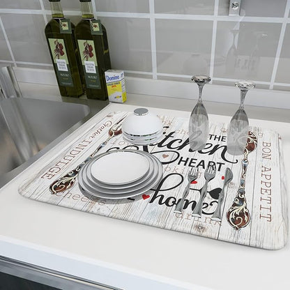 Giwawa 18"x24" Dish Drying Mat The Kitchen is The Heart of The Home- Knife Fork Cutlery Dish Drainer Mats- Rustic Wood Board Reversible Microfiber Dish Drying Pad for Kitchen Countertop Decor
