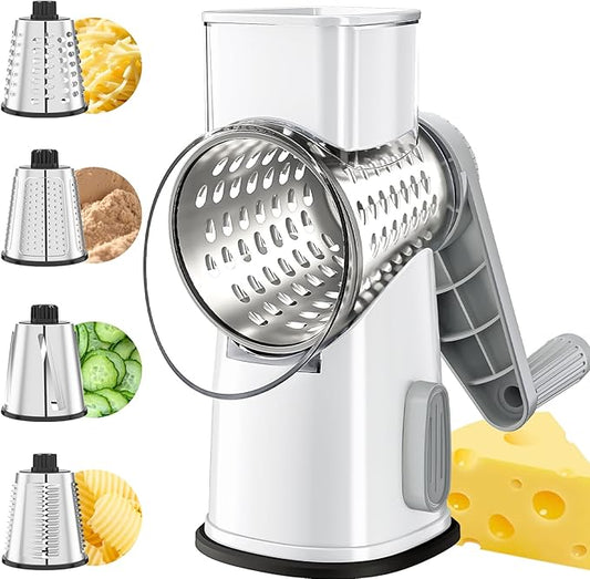 VEKAYA Rotary Cheese Grater Hand Crank with 4 Interchangeable Stainless Steel Blades, Large Manual Handle Shredder and Waffle Slicer for Vegetables, Cheese and Nuts with Table Suction Base(White Grey)
