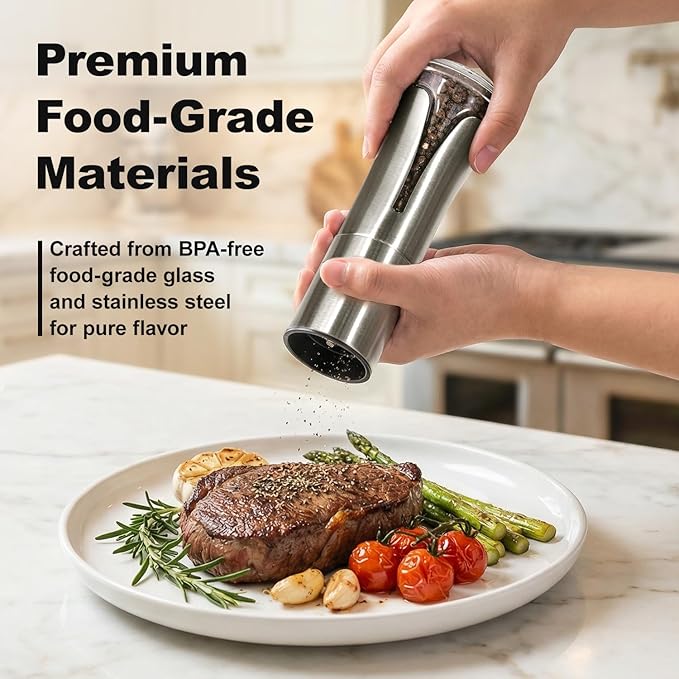 Aelga Salt and Pepper Grinder Set - Manual Pepper Mill with Adjustable Coarseness, Stainless Steel & Glass Salt Grinder Refillable for Kitchen & Dining Table - Image 5