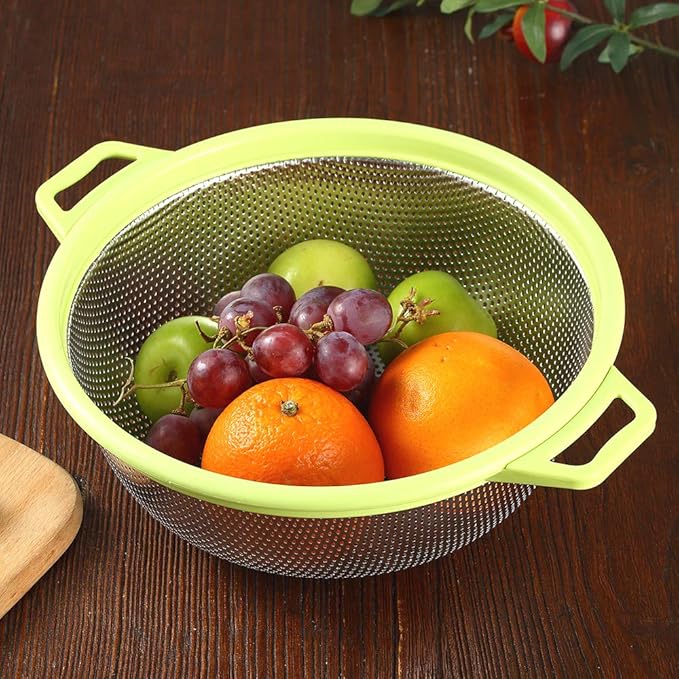 HiramWare Stainless Steel Colander With Handle and Legs, Large Metal Green Strainer for Pasta, Spaghetti, Berry, Veggies, Fruits, Noodles, Salads, 5-quart 10.5” Kitchen Mesh Colander, Dishwasher Safe - Image 2