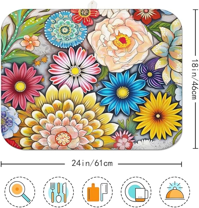 Spring Floral Large Dish Drying Mats, Reversible Dish Drying Pads for Kitchen Counter Foldable and Stored in a Drawer,18"x24" Extra Large Draining Mat Protect for Kitchen,Bar Counter,Coffee Make - Image 7