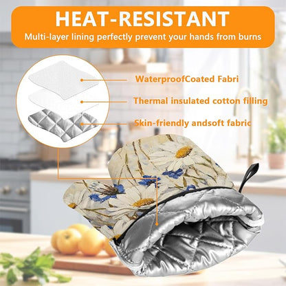 Daisy Flowers Oven Mitts and Pot Holders Sets 4Pcs,Extra Long Oven Gloves Potholder for Kitchen Cooking Baking BBQ 100% Cotton Heat Resistant - Image 3