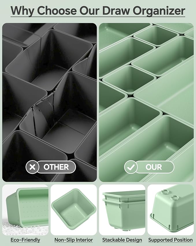 KEMETHY 25 PCS Plastic Drawer Organizers Set, 4 Sizes Vanity Organizer, Makeup and Desk Drawer Organizer Trays, Organization and Storage for Makeup, Bathroom, Kitchen Utensils and Office (Green) - Image 5