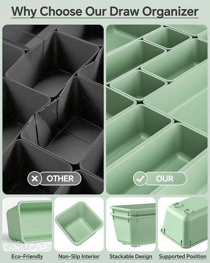 KEMETHY 25 PCS Plastic Drawer Organizers Set, 4 Sizes Vanity Organizer, Makeup and Desk Drawer Organizer Trays, Organization and Storage for Makeup, Bathroom, Kitchen Utensils and Office (Green) - Image 5
