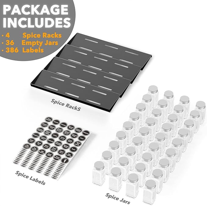SpaceAid Spice Drawer Organizer with 36 Spice Jars, 386 Spice Labels, 4 Tier Seasoning Rack Tray Insert for Kitchen Drawers, 16.75" Wide x 17.5" Deep - Image 5