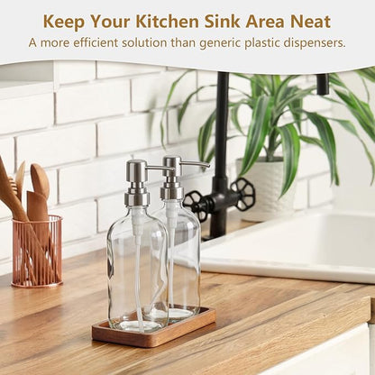 Clear Glass Soap Dispenser Set with Acacia Wood Tray, Refillable Hand Soap Pump Bottle for Kitchen, Bathroom Countertop, Modern Farmhouse Soap Dispenser Set