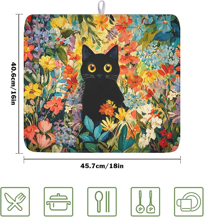 Spring Summer Floral Cat Dish Drying Mat for Kitchen Counter Abstract Oil Painting Wildflower Microfiber Dish Drainer Mat Rustic Absorbent Washable Drying Pad 16"x18"