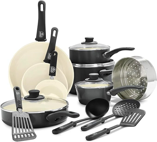 GreenLife 16 Piece Nonstick Cookware Set, Soft Grip Non-Toxic PFAS-Free Ceramic Pots & Pans, Dishwasher & Oven Safe, Frying, Sauce, Utensils, Glass Lids, Stay-Cool Handles, Wobble Free, Black & Cream by GreenLife