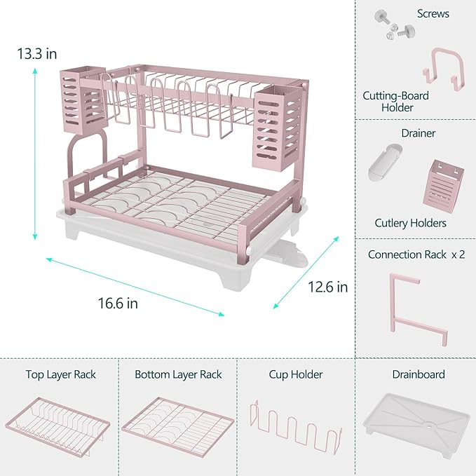 B-Land Dish Drying Rack, 2 Tier Dish Racks for Kitchen Counter, Large Dish Drying Rack with Drainboard & Utensil Holders, Rust-Proof Dish Drainers,Kitchen Organization - Image 4