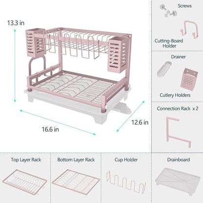 B-Land Dish Drying Rack, 2 Tier Dish Racks for Kitchen Counter, Large Dish Drying Rack with Drainboard & Utensil Holders, Rust-Proof Dish Drainers,Kitchen Organization - Image 4