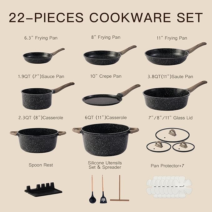 Pots and Pans Set Nonstick 22 Pcs, Ceramic cookware set Non-Toxic Coating Inky Granite Kitchen Cookware Set, Induction Kitchen Cooking Set w/Frying Pans, Saucepans & Glass Lids, PFOS & PFOA Free - Image 2