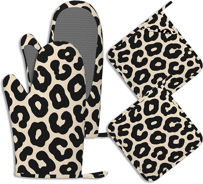 Black Leopard Print Pot Holders and Oven Mitts Set Silicone Cheetah Prints Kitchen Gloves Potholders Heat Resistant Washable,Chef Cooking Baking Gifts for Women Men Bakers Lover Cooks
