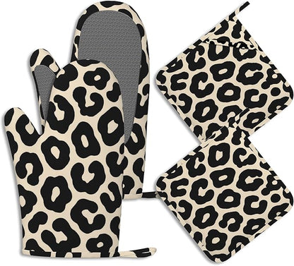 Black Leopard Print Pot Holders and Oven Mitts Set Silicone Cheetah Prints Kitchen Gloves Potholders Heat Resistant Washable,Chef Cooking Baking Gifts for Women Men Bakers Lover Cooks
