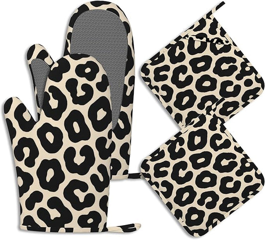 Black Leopard Print Pot Holders and Oven Mitts Set Silicone Cheetah Prints Kitchen Gloves Potholders Heat Resistant Washable,Chef Cooking Baking Gifts for Women Men Bakers Lover Cooks