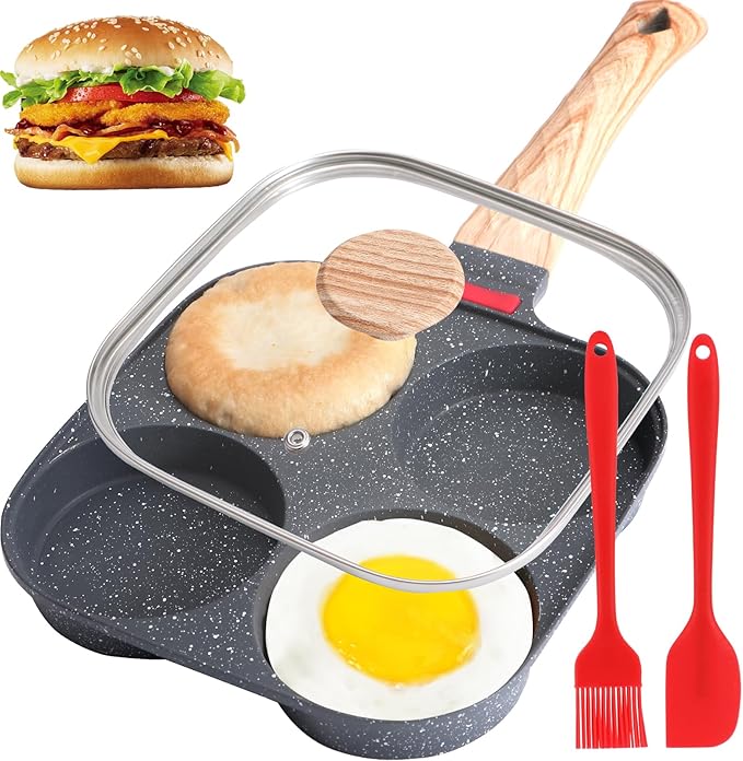 4-Cup Egg Pan, Premium Egg Pans Nonstick, Omelette Pan with Lid , Healthy Egg Frying Pan for Breakfast, Egg Sandwich, Hamburger, Pancake, Egg Skillet Suitable for Gas Stove & Induction Cookware by Unknown
