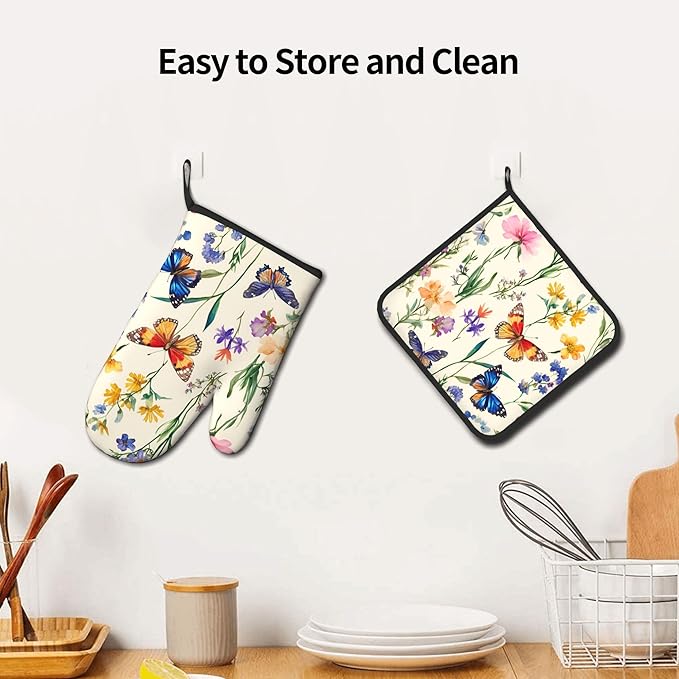 Vintage Floral Oven Mitts and Pot Holders Spring Summer Kitchen Accessories Set of 2 Wildflower Herb Flowers Gloves Potholder for Chef Cooking Baking Grilling BBQ - Image 6