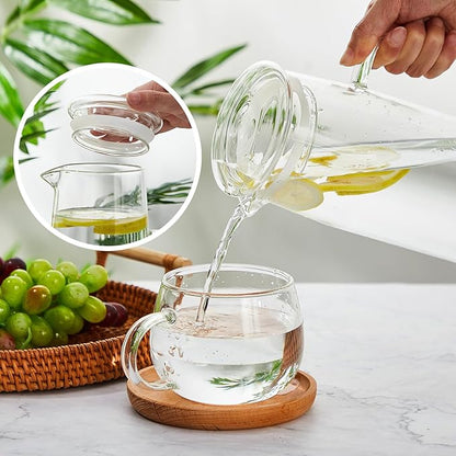 Hsei 2 Sets Glass Pitcher with Lid, 50 oz / 1500 ml Water Carafe with Handles Hot Cold Beverage Water Jar Glass Jug for Tea Juice Milk Coffee Iced Beverage (Glass Lid)