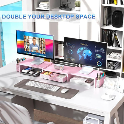 gianotter Dual Monitor Stand Riser, Desk Organizer With Drawer and 2 Pen Holders,Desk Organizers and Accessories, Pink Office Supplies (Pink) - Image 5