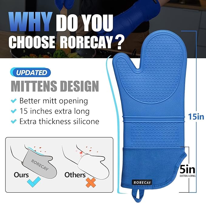 Rorecay 6pcs Oven Mitts and Pot Holders Sets for Kitchen, Extra Long Non-Slip Silicone Oven Gloves Heat Resistant 500 Degrees Potholders Hot Pads for Baking Cooking, Quilted Liner, Lake Blue - Image 2